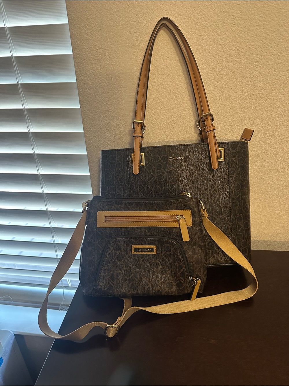 Calvin Klein Brown and Tan Logo Tote with Crossbody Bag
